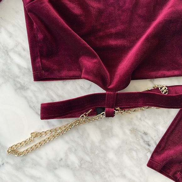 Velvet Long Sleeve Crop Top with Built in Gold Belly Chain - Picture 4 of 6